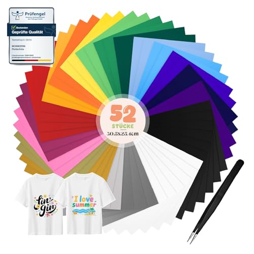 moinkerin 52 Stücke Plotterfolie Textil mit Pinzette 30.5X25.4cm Bügelfolie für Textilien Flexfolie Plotter Textil für T-Shirt, Kleidung, Hüte oder Andere Stoffe (20 Farben)