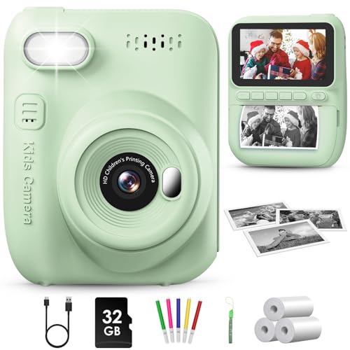 GREENKINDER Sofortbildkamera Kinder,14MP 3.0 Zoll Bildschirm Kinderkamera Sofortbildkamera mit 32G Karte,Druckpapier & Farbigen Stiften,1080P Kamera Kinder Sofortdruck, 3-12 Jahren