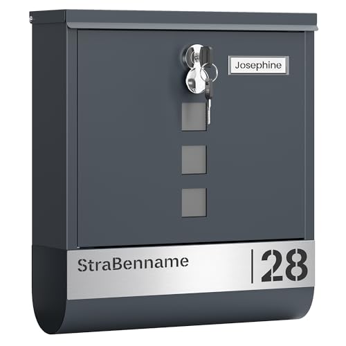SONGMICS Briefkasten personalisiert, mit Namensschild, Hausnummernschild, Postkasten, Zeitungsfach, Sichtfenster, Schloss, modern, 10 x 30,8 x 33,8 cm, anthrazit GMB082G01