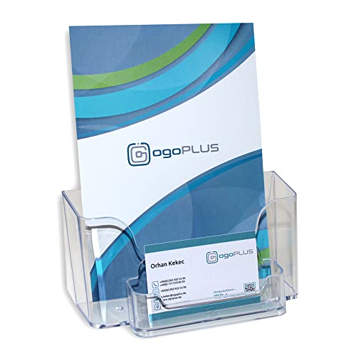 ogoPLUS DIN A5 Prospekthalter mit Visitenkartenständer, Prospektständer, Flyer-Ständer, Visitenkartenhalter Aufsteller, Werbung,Aufsteller Tisch-Prospektständer, Prospektbox