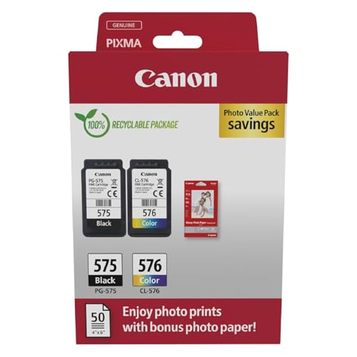 Canon Tintenpatronen & Papier-Multipack - PG-575/CL-576 Original Druckerpatronen 2er Pack (1 x Schwarz, 1 x Farbe) & 4x6 Fotopapier (50 Blatt)