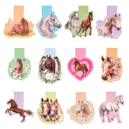 Magnetische Lesezeichen, 12 Stück Kinder Lesezeichen mit Pferdemotiven, Ideal für Schüler, Jungen und Mädchen