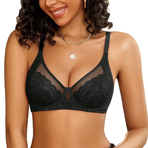 Avidlove Damen BH Sexy V-Ausschnitt Bügel Bra Spitze Vollschalen BHS Ungepolstert U-Rücken Bralette Bequem Mesh BH-Unterwäsche Schwarz L