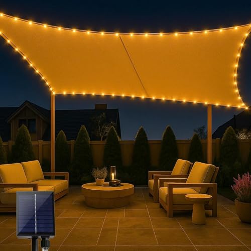 ABIUBIU wasserdichte-Sonnensegel 3x4m mit eingebauter LED-Solar-Lichterkette, 98% UV-Schutz, reiBfest, wetterfest, für Terrasse-Garten-Terrasse-Rasen（Beige）
