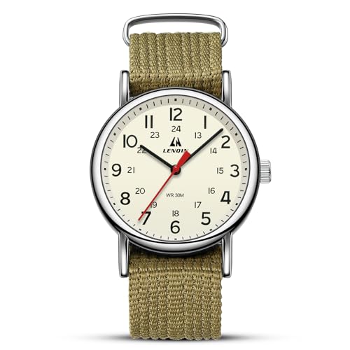 LN LENQIN Herrenuhren Militär Uhr Analog Quarz Uhren Armee Uhren Herren Wasserdicht Armbanduhren Sportuhr mit Nylonband (Olive Silber Gelb)