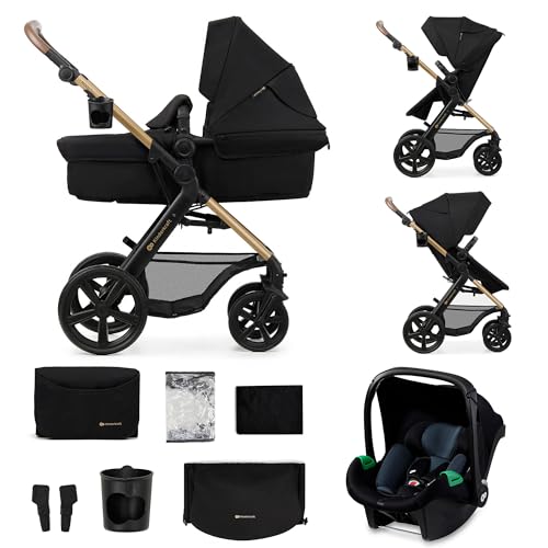 Kinderkraft MOOV 2 Kinderwagen 3 in 1 Kinderwagenset bis 22 kg mit Kindersitz I-SIZE 40-75 cm, Buggy Funktion, Liegeposition verstellbar, Große ausziehbare Verdeck, Eva-Schaum-Räder, Schwarz