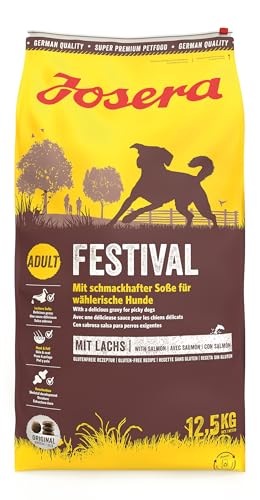 JOSERA Festival (1 x 12,5 kg) | Adult | Premium Trockenfutter für ausgewachsene wählerische Hunde | Lachs & Geflügel | leckerer Soßenmantel - auch zum Einweichen | weizenfrei | Hundefutter | 1er Pack