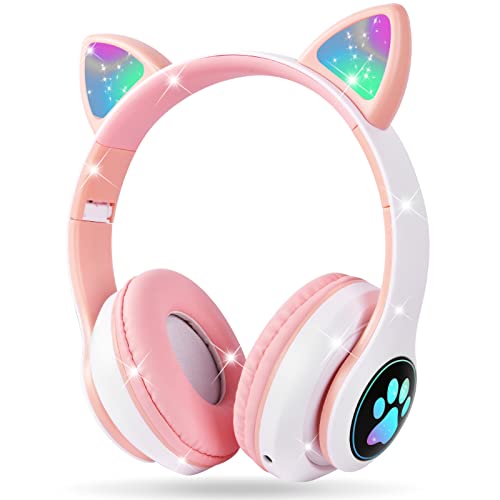 AXFEE Kopfhörer Kinder, Kinderkopfhörer Bluetooth, Mädchen Katzenohr Over-Ear mit LED-licht Faltbare Stereo Kabellose, Mikrofon,Micro SD/TF für Handy/Tablet/PC