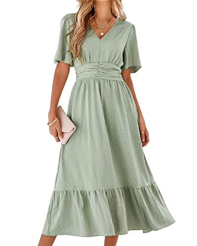 BebreezChic Sommerkleid Damen Lang Boho Elegant Kurzarm V-Ausschnitt Hohe Taille Swiss Dot Gerafft Blumen Strandkleid Maxikleid, Hellgrün XL