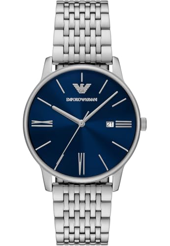 Emporio Armani Watch for Men, Quartz Movement and 42mm Case Size with Stainless Steel, Leather or Silicone Strap Blau und Silberton, 39MM