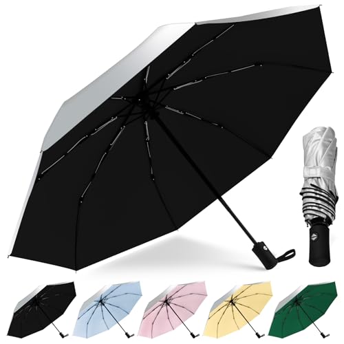 HEXSOLID 42/46 Inch UV Schirm Regenschirm Sturmfest Sonnenschirm Hand Automatik Umbrella Regenschirm Reise Winddichter Wasserdicht Mit 8 Rippen für Herren und Damen (Silber/Schwarz, 46inch)