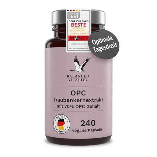 OPC Traubenkernextrakt - 240 vegane Kapseln - Optimale Tagesdosis: 500 mg Extrakt je Kapsel - Laborgeprüft - 8 Monate Vorrat - Ohne Zusatzstoffe - Balanced Vitality