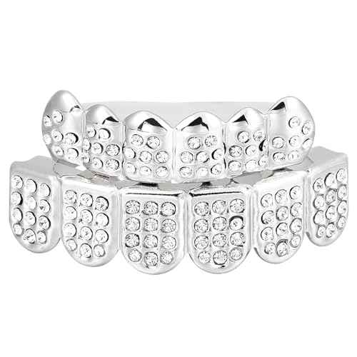 EXCEART Hip Hop Teeth Grills Fake Punk Hip Hop Zähne Mund Oben Unten Diamond Strass Zähne Grillz Halloween Musikfestival Party Hip Hop Rapper Kostüm Zubehör Dekoration Ornament Silber