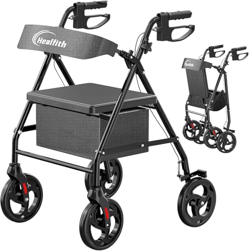 Rollator Faltbar und Leicht mit Sitz, Leichtgewicht-Reiserollator aus Stahl,Rollator Schmal für Wohnung,Gehhilfe für Senioren mit Aufbewahrungsta,5-Fach Höhenverstellbar,150kg Gewichtskapazität