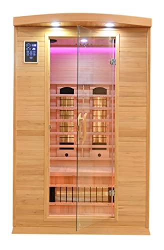 Elbe Infrarotkabine Lappland für 2 Personen aus Hemlockholz, 5 Vollspektrumstrahler, 1 Carbonstrahler, Saunakabine mit Farblichtherapie, Ionisator und Audio System, 120x120x190 cm