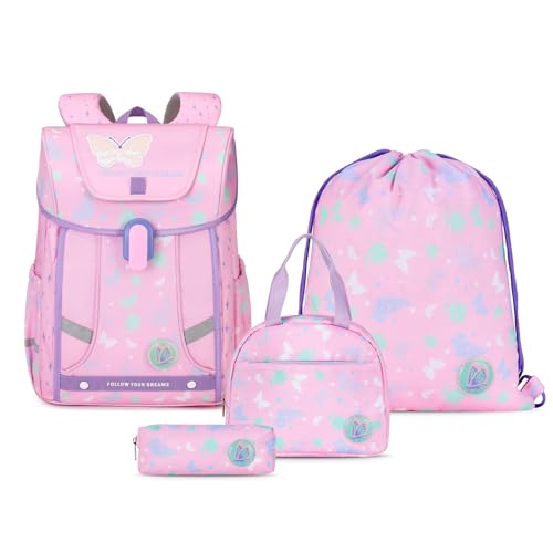 Amythe Set 4-teilig Schulranzen Mädchen Ergonomischer, Schulrucksack Mädchen der ab 1. Klasse, Rucksack Kinder mit Brustgurt, Reflektoren, Abnehmbarer Gürtel, Schmetterlingsmotiv