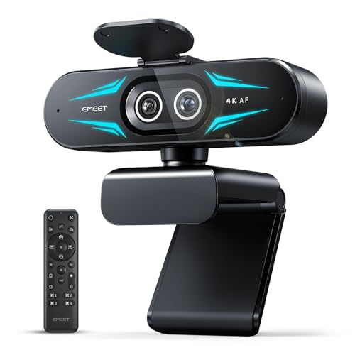 EMEET C60E Dual-Kamera-4K-Webcam für Streaming, Weitwinkel- und Teleobjektiv, bis zu 11-facher Hybrid-Zoom & PDAF-Autofokus, Fernbedienung, RGB-Beleuchtung, 2 Mikrofone, ideal für Livestreaming