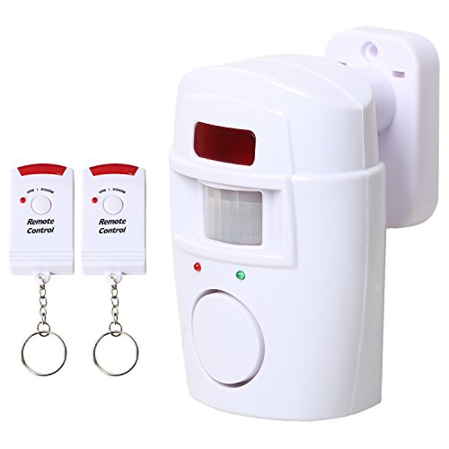 TRIXES Kabelloser Bewegungsmelder für Schuppen, Sicherheit zu Hause, batteriebetrieben, für Sommergaragen, Wohnwagen, Alarmanlage, mit 2 x Fernbedienung