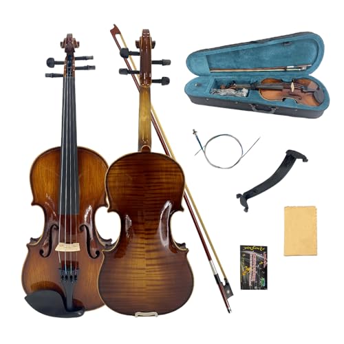WUQIMUSC Violine 4/4 Komplettset für Anfänger, Erwachsene, Studenten, gealtertes Fichtenahorn, Massivholz, Ebenholzbeschläge mit Hartschalenkoffer, Schulterstütze, Bogen, Stimmgerät, extra Saiten