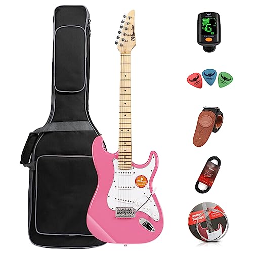 E-Gitarre für Erwachsene, Anfänger, Rockgitarre, Profispieler für Männer und Frauen mit Gitarrentasche, Saiten, Plektren, Stimmgerät, Gurt und Kabel MS100 (Pink)