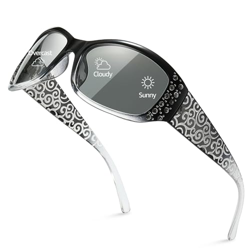 TJUTR Polarisierte Selbsttönende Sonnenbrille für Damen mit UV400 Schutz Adaptive Lens und Strass Dekoration Wellenmuster Bügel für Autofahren, Sport & Alltag