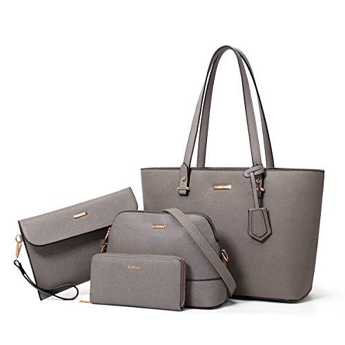 YTL Damen Handtasche Tote Shopper Groß Schultertasche Umhängetasche Geldbörse Kartenhalter Tasche 4-teiliges Set für Büro Schule Einkauf Reise Geschenk grau