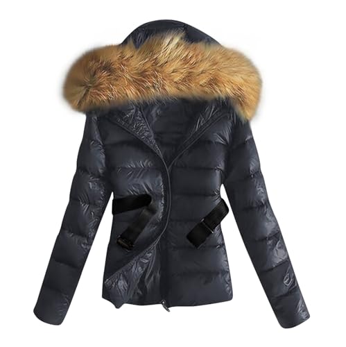 Guhmomh Puffer Jacke Damen Steppjacke Daunenjacke Winter Kapuzenjacke mit Fellkapuze Glänzende Winterjacke Winddichte Parka Daunenmantel Wanderjacke Wintermantel Outdoorjacke mit Gürtel Dunkelblau S