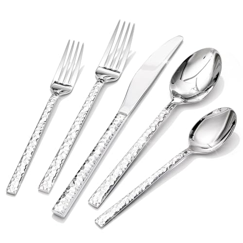 HIKAA Besteck Set 6 Personen aus Gehämmertem, 30-Teilig Essbesteck 18/10, Edelstahl Besteck für Zuhause, Partys, Hochzeiten, Cutlery Set Hochglanzpoliert Spülmaschinenfest, (Silber)