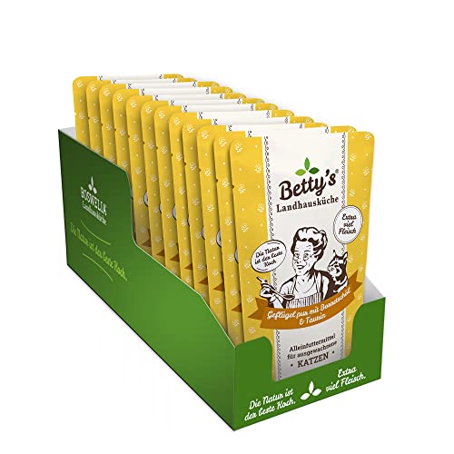 Betty's Landhausküche Frischebeutel Pouches Nassfutter Katze, Geflügel PUR mit Borretschöl 12 x 100 g, getreidefrei, beste Qualität, hochwertiges Fleisch, schonend gegart, hohe Bioverfügbarkeit