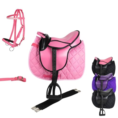 Marengos - Holzpferd Sattel Set | Sattel für Holzpferd mit Sattelgurt, Schabracke, Trense, Steigbügel & -Riemen | Sattel aus Kunstleder | Sattel-Typ Advanced in pink | Größe 12