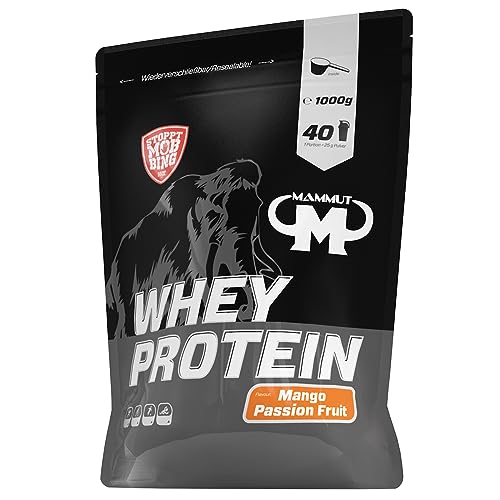 Mammut Nutrition Whey Protein Pulver Mango Passion Fruit – 1kg – 27g Protein pro Portion – Eiweißpulver mit hohem BCAA-Anteil – Perfekte Löslichkeit in Wasser & Milch – Ideale Zwischenmahlzeit