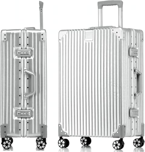 yuweijie Handgepäck Koffer&Trolleys Alurahmen Hartschalen in Polycarbonat,Reisekoffer mit 4 Rollen,Größ Koffer,TSA-Schloss S (Silber,35L,55x36x22