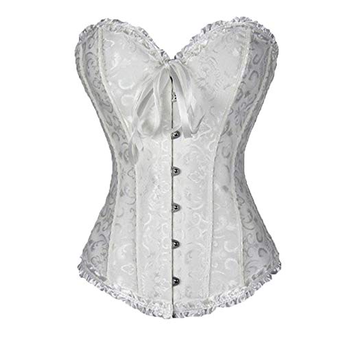 Fiacafyo Damen-Korsett in Übergröße, Satin, Taillenmieder, Korsett, Schnürung, figurformend, Retro-Bustier, Überbrust-Top, B-weiß, M
