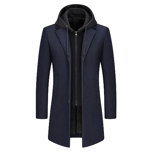 KUDMOL Herren Wolle Trenchcoat Solid Casual gepolstert Outdoor Overcoat Lange Kapuze Warmer Mantel Jacke(Marine,M)