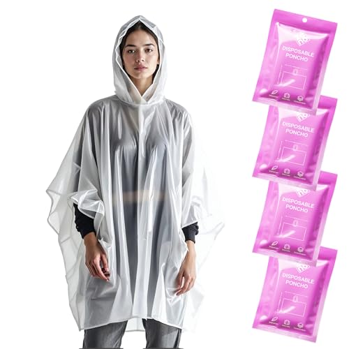 Regenponcho Festival Wasserdicht - Regencape Festival Einweg - Regenponcho Damen & Mann - Transparent mit Kapuze - Notfall Poncho Reise, Wandern, Camping – Einweg Poncho 4er-Pack - Pink Mist Edition