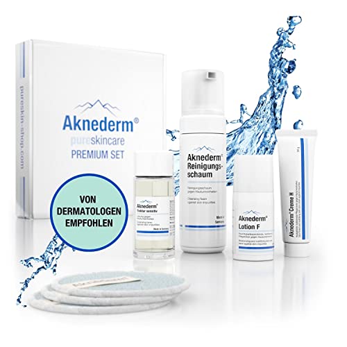aknederm Premium Reinigungsset für sensible Haut - Set mit Tinktur/Reinigungsschaum/Lotion/Creme H & Reinigungspads - natürliches Skincare Set kaschiert Pickel - ideal zur Akne Behandlung