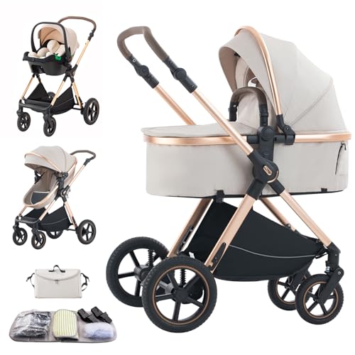 Shineey Kinderwagen 3 in 1,Puppenwagen Buggy Faltbarer Kinderwagen Set, Kombikinderwagen 3 in 1 mit Großer Bequemer Babywanne, Laufwagen Rahmen Aluminiumlegierun (D2 RICEWHITE, H2-D)