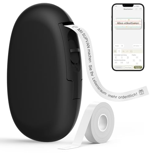 SUPVAN E10 Etikettendrucker mit wasserdichte Etiketten selbstklebend (15 mm x 6 m), tragbares Etikettiergerät Bluetooth geeignet für das Home-School-Büro, schwarz