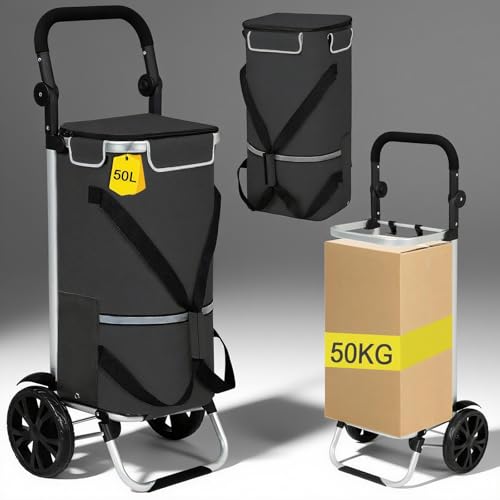AMHANCIBLE Einkaufstrolley, Einkaufswagen mit Kühlfach, 50 Liter, 3in1klappbar Trolley, Einkaufstasche mit Rollen, Handwagen, Tasche abnehmbar, Grau EHSC01GY