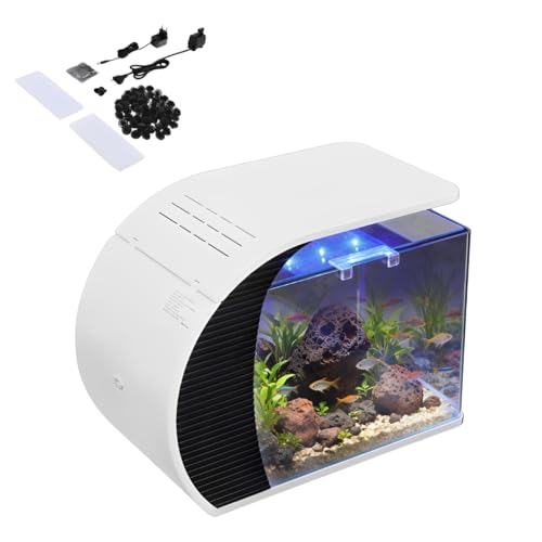 19L Mini Aquarium Komplettset, Nano Aquarium Stabiles Einsteigerbecken mit LED-Beleuchtung und Eingebautem Filtersystem, Einstellbare Beleuchtung, 42,3 × 22,6 × 31,5 cm, Weiß