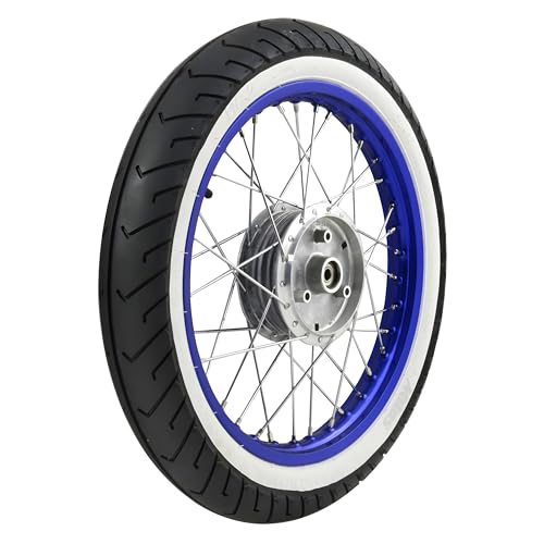 Komplettrad - VORNE - 1,5x16 Zoll - Alufelge blau eloxiert und poliert, Chromspeichen - MITAS-Weißwandreifen MC2 montiert