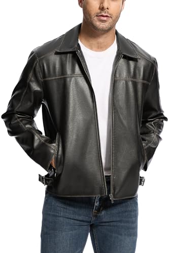 Fahsyee Lederjacke Herren Kunstleder Leichte Bomberjacken Herren Motorrad Vintage Reversmäntel mit Reißverschluss und Taschen Größe XL, Schwarz