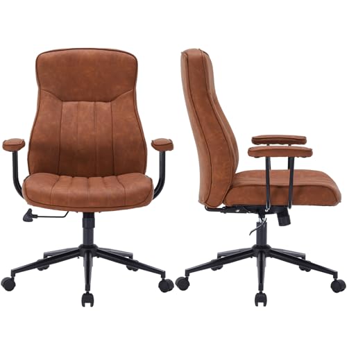 TUORUI Bürostuhl, Schreibtischstuhl mit Armlehnen, Drehstuhl mit Schaukelfunktion, Bürostuhl aus PU Leder, Chefsessel mit Armlehnen, Höhenverstellbar, Belastbarkeit 120KG