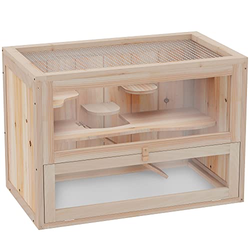 PawHut Hamsterkäfig aus Holz 2 Etagen 60 x 35 x 42 cm Nagerkäfig Kleintierkäfig mit aufklappbarem Gitterdach Trinkflasche Rampe Wippe Fütterungsstation Mäusekäfig für Zwerghamster Naturholz