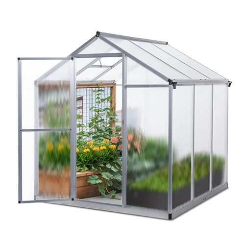 Gegaden Gewächshaus Aluminium für den Garten |Mit 8 cm dickeres Fundament| 182*190*195 cm | Vielseitig nutzbar als Treibhaus Gartenhaus winterfest Aufzucht Tomatenhaus Frühbeet und Pflanzenhaus silber