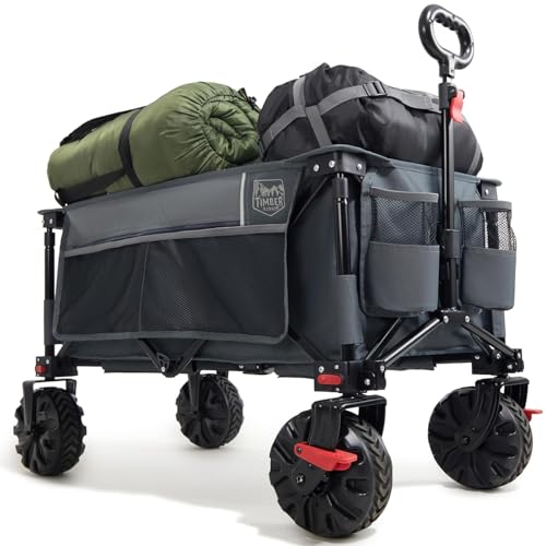 TIMBER RIDGE XXL Bollerwagen Faltbar 200L Breite Reifen Handwagen Klappbar mit Bremsen Seitentasche Getränkehalter Verstellbarer Griff Strandwagen für Alle Gelände Camping Einkaufen 100kg Belastbar