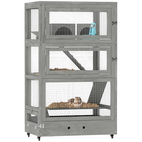 PawHut Hamsterkäfig aus Holz, 65 x 45 x 109 cm Mäusekäfig Nagerkäfig mit Hütten, Wippe, Palette, Futterschalen, 4-Stufig Kleintierkäfig mit Schloss, Rampen, Rollen, für Zwerghamster Grau