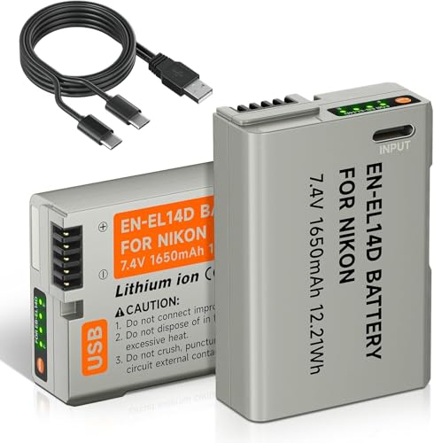 ENEL14 1650mAh Akku mit USB-C-Ladekabel für Nikon D5600, D5100, D5200, D5300, D5500, D3200, D3400, D3500, Coolpix P7100, P7200, P7700, P7800 (2Pcs)