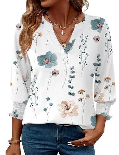 Rapbin Damen Mode Elegant Bluse 3/4 Ärmel Langerm Tunika Sommer Top Lässig Locker Oberteil Blusen 2026 (XXL, Weiß Blau Blumen)
