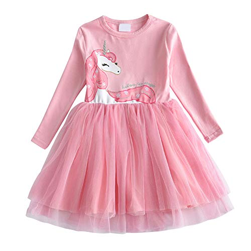 DXTON Kinder Mädchen Kleider Tüll Kleid Langarm Kleidung Frühling Herbst, Rosa4570, 6-7 Jahre
